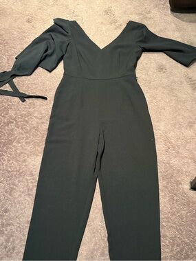 Elegant Black V-Neck Long Jumpsuit with Tie Sleeve Detail